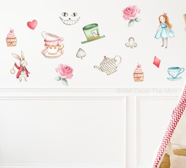 Wonderland Alice Tea Party Full Color Wall Sticker Decals — Colorful nursery wall decals featuring whimsical characters and