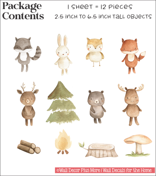 12 Woodland Animal Forest Critters Art Wall Stickers Removable Decals pkg contents