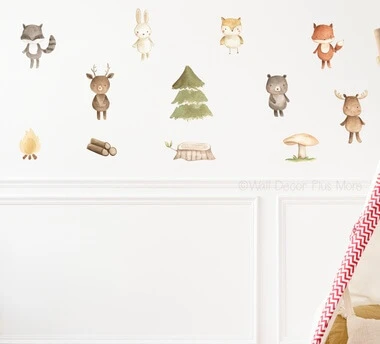 Woodland Animal Forest Critters Art Wall Stickers Decals — Colorful woodland animal designs on a white wall, with a soft,