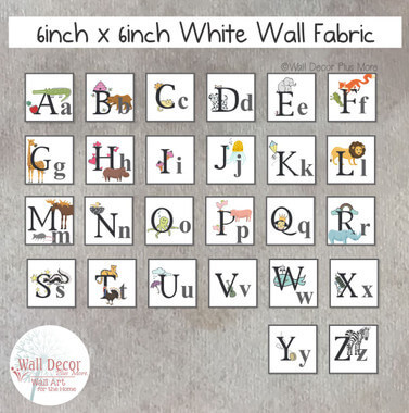 Alphabet Wall Stickers Peel n Stick Educational Wall Art — White wall fabric with colorful letters and animal illustrations