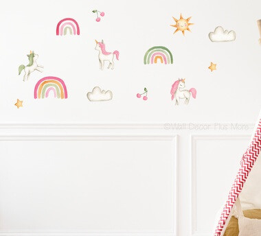 Unicorn Rainbow Wall Stickers Cute Wall Art for Kids — Colorful unicorns, rainbows, clouds, and sun on a white wall