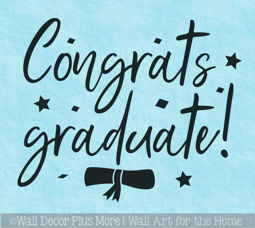 Congrats Graduate Wall Decal Sticker Grad Party Decor — Black text on light blue background with graduation cap and stars