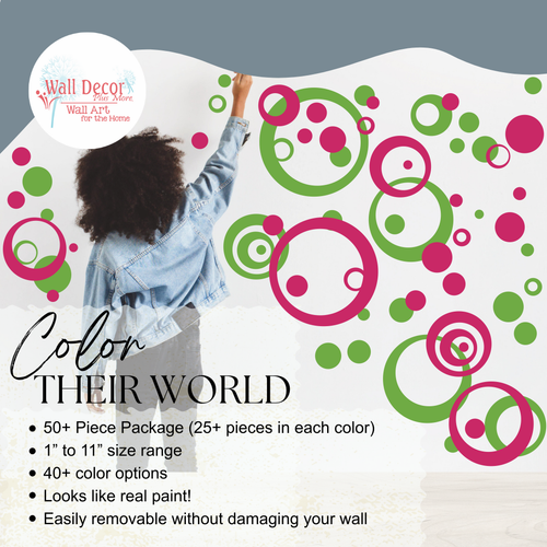 Wall Vinyl Sticker Shapes Circles Rings & Dots Easy Decor 2-color pkg HotPink LimeGreen color
