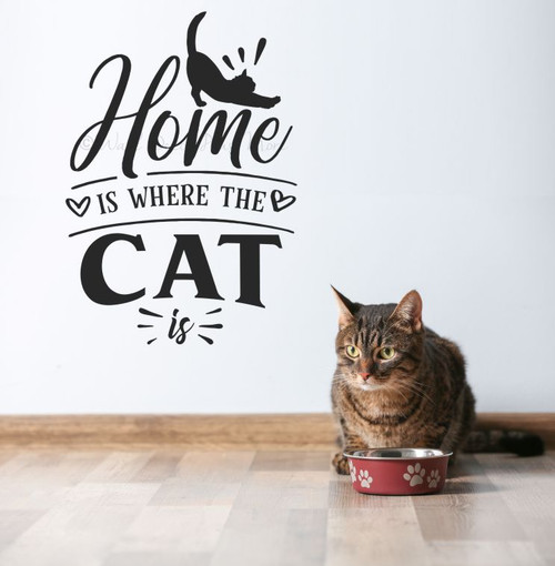 Home is Where the Cat Is Vinyl Decal Feline Lover Wall Art Decor Quote Black
