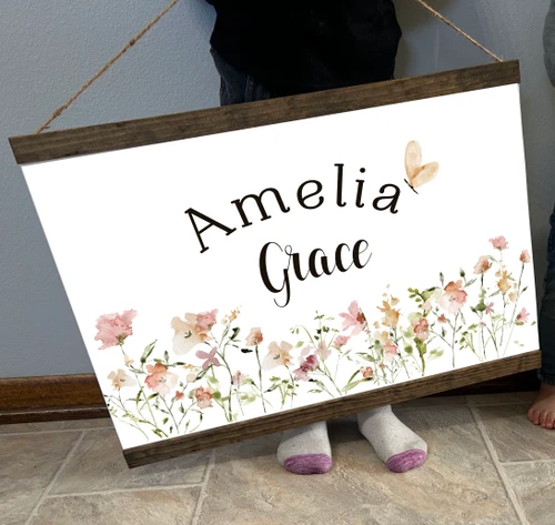 Personalized Girl Name Floral Canvas Banner Sign Nursery Wall Art Decor Lg Walnut