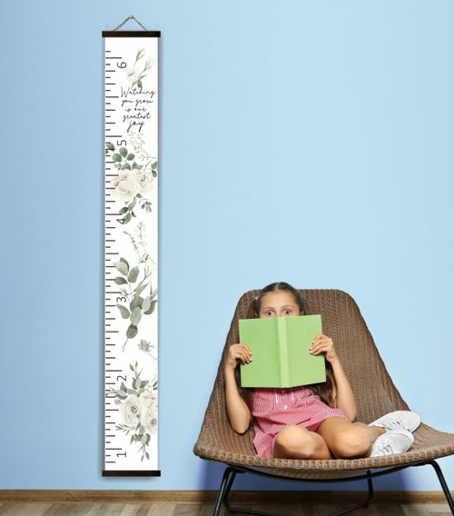 Track Precious Memories in Style White Rose Greenery Canvas Growth Chart Black Wood, Feet/Inches