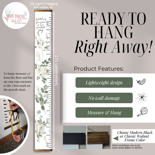 Track Precious Memories in Style White Rose Greenery Canvas Growth Chart Walnut Wood, Centimeters, ready to hang