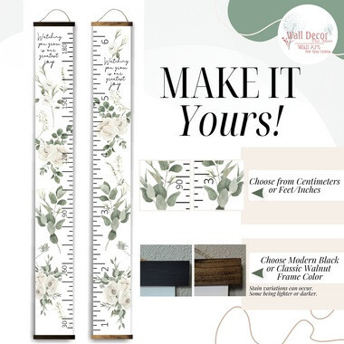 White Rose Greenery Canvas Growth Chart Height Ruler for Kids — Wooden growth chart with floral design and customizable