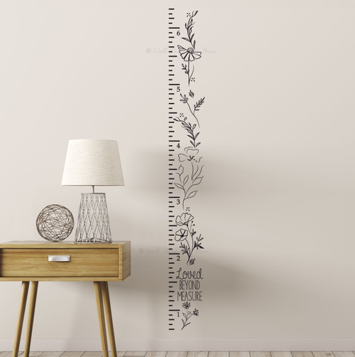 Floral Art Growth Chart Wall Decal Kids Height Ruler Wall Decor Sticker Black