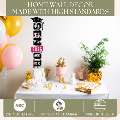 Senior 2026 Wall Decal Vertical Graduation Party Decor Vinyl Sticker Black Hot Pink standards