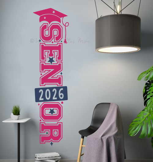 Senior 2026 Wall Decal Vertical Graduation Party Decor Vinyl Sticker Hot Pink Deep Blue