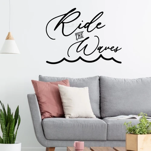 Ocean Wave Coastal Wall Decal Ride the Waves Decor Quote Vinyl Sticker Black
