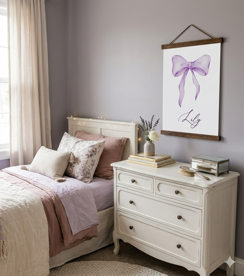Personalized Girls Name Canvas Art Sign Purple Bow Room Decor Print Large Walnut Wood