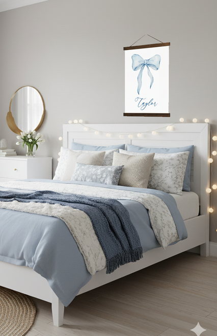 Personalized Girls Name Canvas Art Sign Blue Bow Room Decor Print Large Walnut Wood