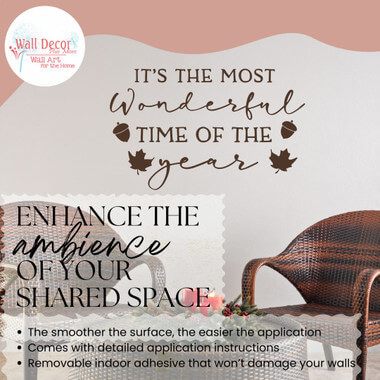 Wonderful Time of Year Wall Art Decal Autumn Vinyl Lettering for Decor — Brown wall art with autumn leaves and festive text