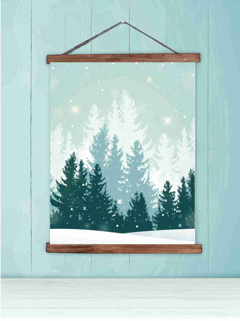 Winter Forest Canvas Wall Hanging Sign Snowy Pine Tree Art Seasonal Decor Large Walnut