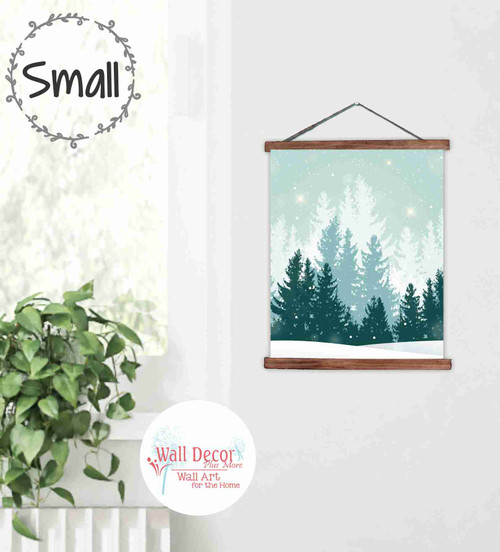 Winter Forest Canvas Wall Hanging Sign Snowy Pine Tree Art Seasonal Decor 12x12-Inch Walnut Wood