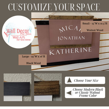 Personalized Name Canvas Wall Hanging Sign — Custom wall art with black and walnut wood, pink background, and white text
