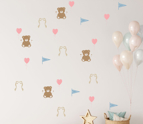Teddy Bear Nursery Wall Decal Stickers Set Bows Heart Balloons Pennant Tan MistyBlue Carnation Beige