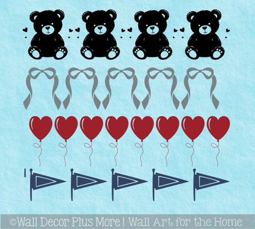 Teddy Bear Nursery Wall Decal Stickers Set Bows Heart Balloons Pennant 4-color