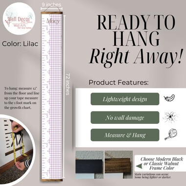 Personalized Gingham Scallop Growth Chart Canvas Wall Hanging Height Tracker — Lilac wall art with measuring tape design and