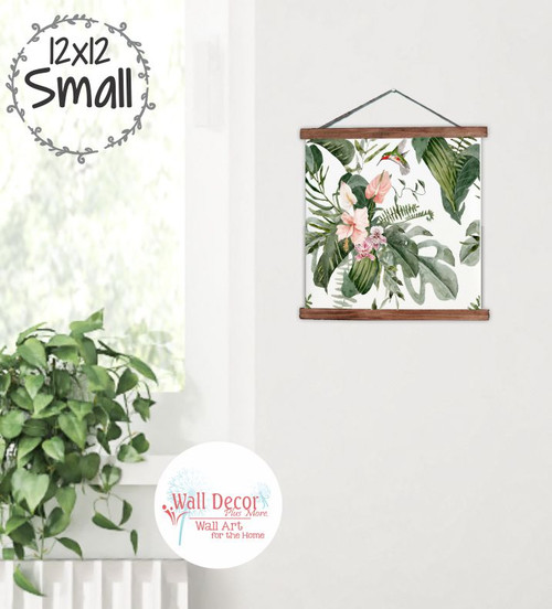 Tropical Botanical Canvas Wall Hanging | Watercolor Leaves & Hummingbird Wall Art Small walnut