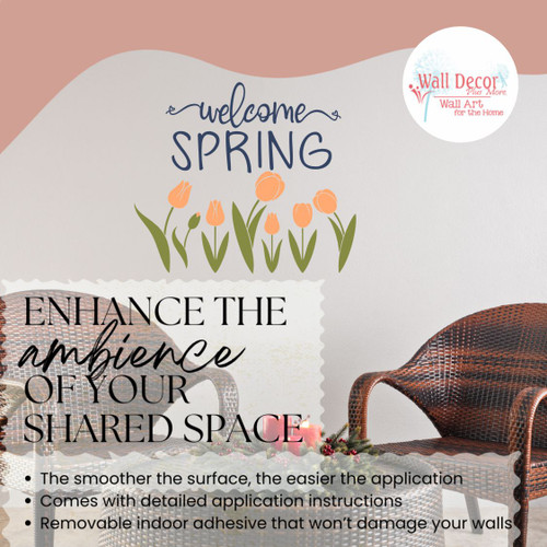 Welcome Spring Tulips Wall Decal | Round Wood Sign Sticker DeepBlue Apricot OliveGreen enhance