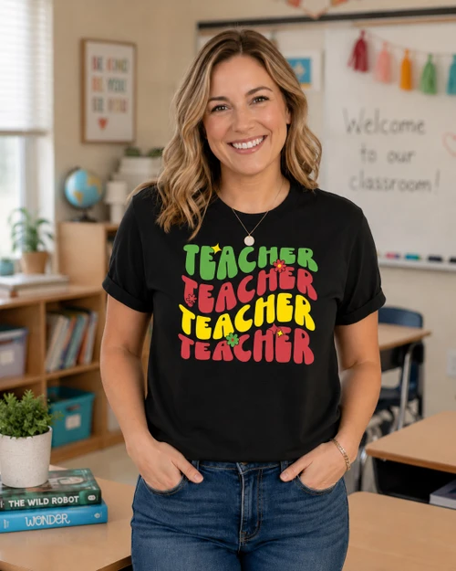 Retro Teacher Shirt | Colorful Teacher Gift Graphic Tee for School Black mockup in classroom
