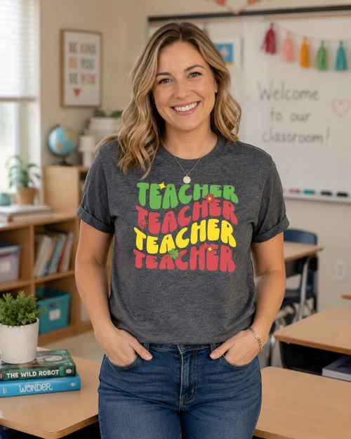 Retro Teacher Shirt | Colorful Teacher Gift Graphic Tee for School heather gray in classroom