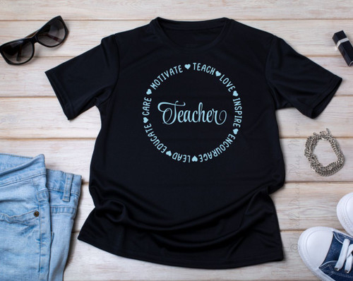 Teacher Circle Graphic T-Shirt | Black Teacher Appreciation Shirt lying flat