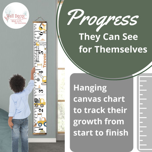 Personalized Boys Construction Growth Chart Canvas Wall Hanging Height Ruler progress