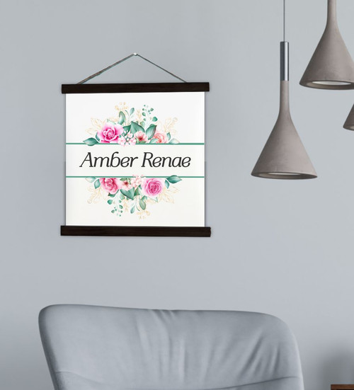 Personalized Floral Canvas Wall Hanging | Custom Name Sign | 4 Sizes, 2 Frame Colors Small Blk Wood