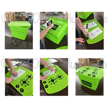 Toy Kitchen Stove Decals Stickers for Kids Pretend Play — Bright green container with black design elements, shown being