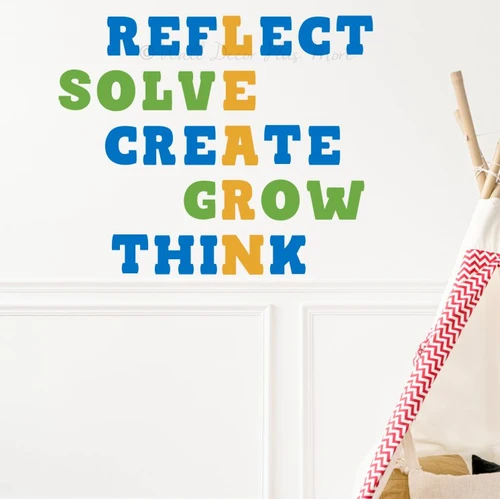 School Classroom Wall Decoration Decal Learn Grow Solve Think Word Art-Honey, Traffic Blue, Lime