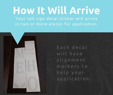 Decal Sticker for Tall Wood Sign Vertical Welcome Lettering Porch Decor — Tall wall decal sections laid out on dark wood