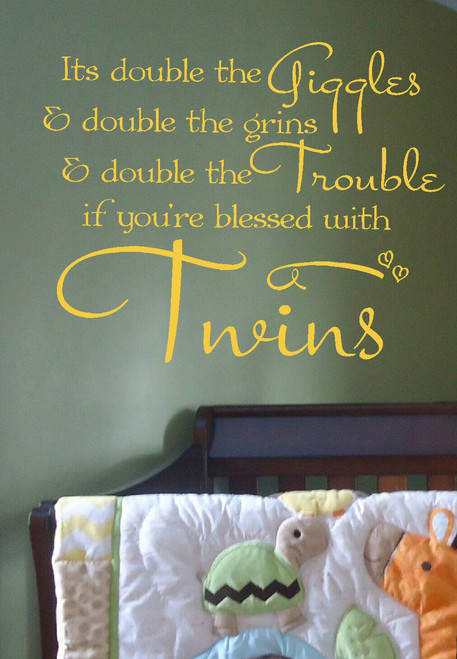 Double The Giggles, Grins & Trouble Twins Vinyl Wall Decal Quote for Room Decor, Great for Birthday or Baby Gifts!