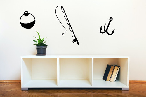 Fishing tackle - pole, bobber, and hook Wall Decal Vinyl Stickers black