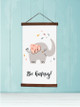 Wood Canvas Wall Hanging Be Happy Cute Elephant Kids Room Decor Sign 15x26 inch