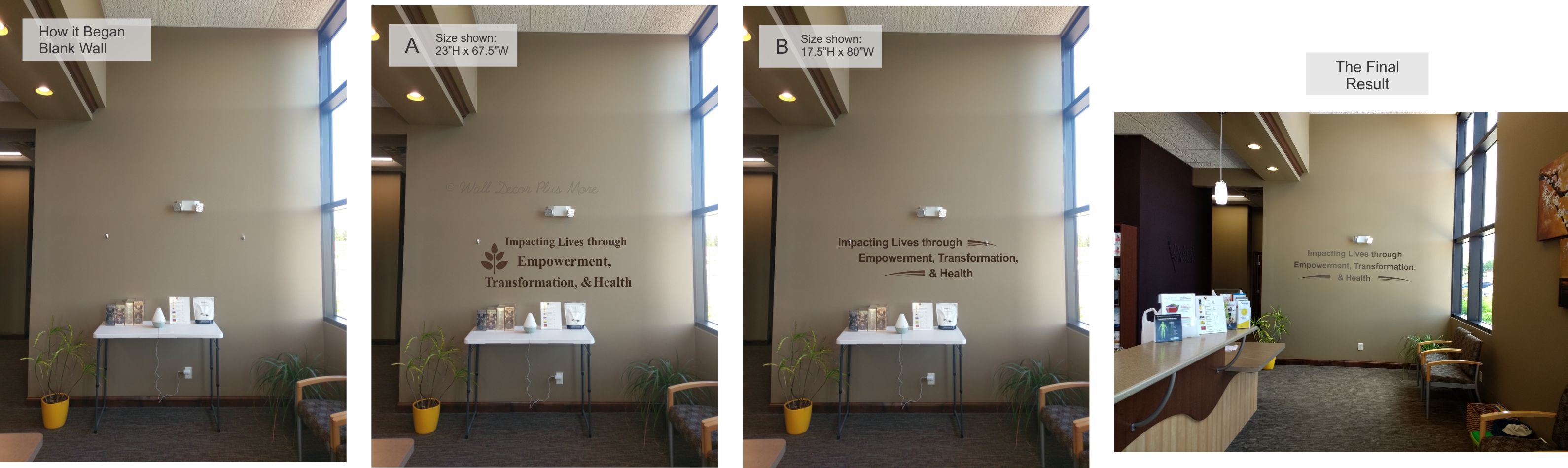 Custom wall decal vinyl sticker for business mission quote - before and after showcase by Wall Decor Plus More