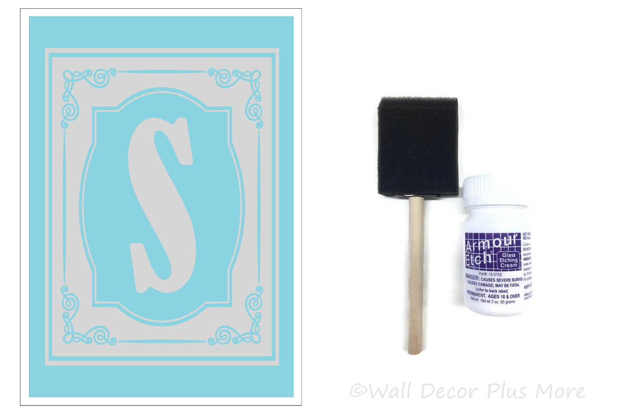 Etching Kit For 9x13 Glass Dish Swirls Frame With Monogram Letter Vinyl Sticker Stencil Cream Brush