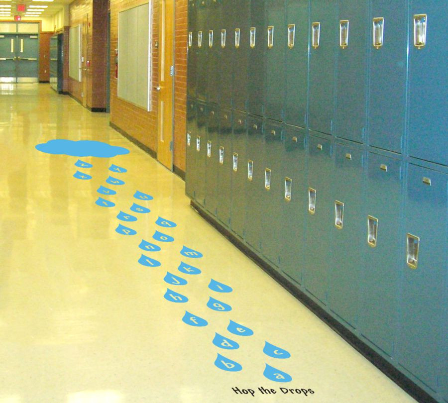 Hop the Drops lowercase alphabet raindrop sensory path floor decals