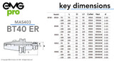 EMG Pro Brand BT40 ER11 100mm Gauge Length Collet Chuck Tool Holder Dimensions Table.