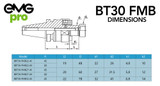 BT30 FMB32 45mm Gauge Length Face Mill Arbor Tool Holder Dimensions Table and Drawing.