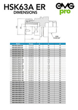 EMG Pro HSK63A ER20 Collet Chuck Tool Holder Dimensions Table & Drawing.