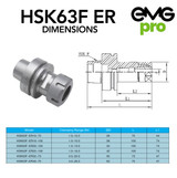 EMG Pro HSK63F ER16 Collet Chuck Tool Holder Dimensions and Drawing.