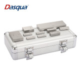 Ultra-precision Steel gauge blocks in a protective storage case on a white background. Isometric View.