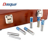 Individual Dasqua Pin Gauges with the wooden storage case on a white background