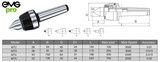 MT3 Lathe Live Center | Morse Taper High Speed Live Center | Medium-Duty | Waterproof Dimensional Image Table