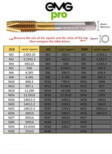 EMG Pro ISO ER25-G Square Drive Tap Collet Dimensions Table