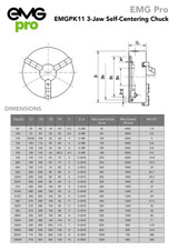 EMG Pro K11 Series 100mm Three-Jaw Self-Centering Chuck | EMG Precision. Dimensions Table & Drawing